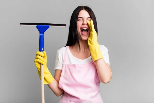 Feeling Happy Giving Big Shout Out Hands Next Mouth Cleaning — Stock Photo, Image