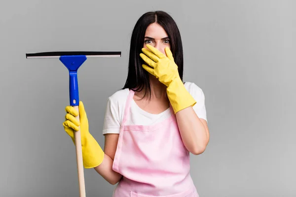 Covering Mouth Hands Shocked Cleaning Windows Concept — Stock Photo, Image