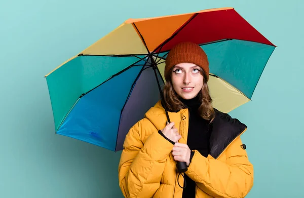 Caucasian Pretty Blonde Woman Umbrella Winter Cold Concept — Stock Photo, Image