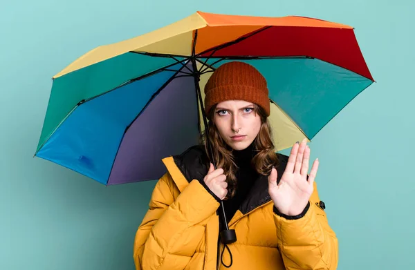 Caucasian Pretty Blonde Woman Umbrella Winter Cold Concept — Stock Photo, Image