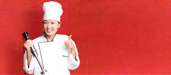 Young Adult Pretty Asian Woman Restaurant Chef Hand Blender — Stock Photo, Image
