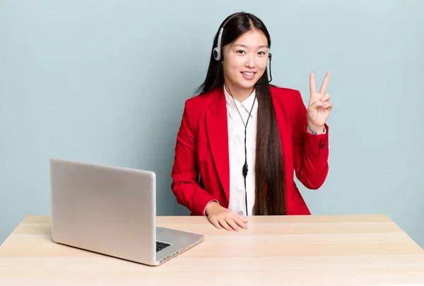 Pretty Asian Woman Smiling Looking Happy Gesturing Victory Peace Business — Foto de Stock