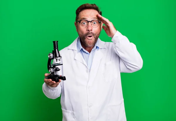 Middle Age Man Looking Happy Astonished Surprised Scientist Concept — Stock Photo, Image