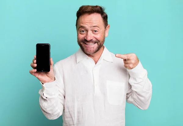 Middle Age Man Smiling Confidently Pointing Own Broad Smile Showing — Stock Photo, Image