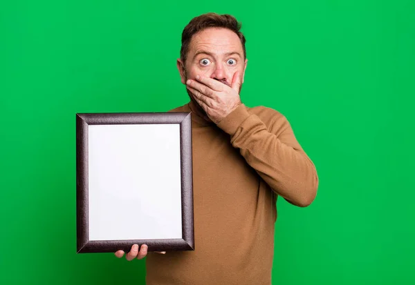 Middle Age Man Covering Mouth Hands Shocked Empty Frame — Stock Photo, Image