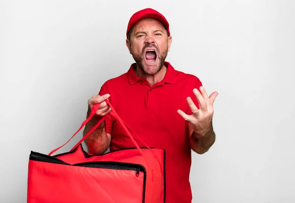 Middle Age Man Looking Angry Annoyed Frustrated Pizza Delivery Man — Stock Photo, Image