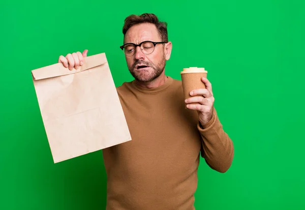 Middle Age Man Take Away Coffee Sport Coach Concept Soccer — Stock Photo, Image