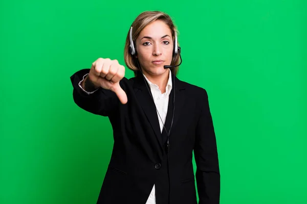 Pretty Blonde Woman Feeling Cross Showing Thumbs Telemarketing Concept — 图库照片