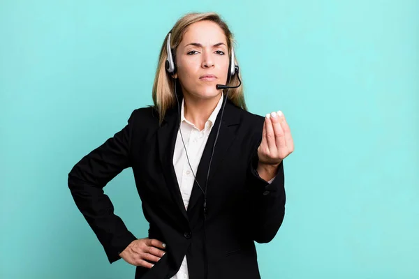 Pretty Blonde Woman Making Capice Money Gesture Telling You Pay — Foto de Stock