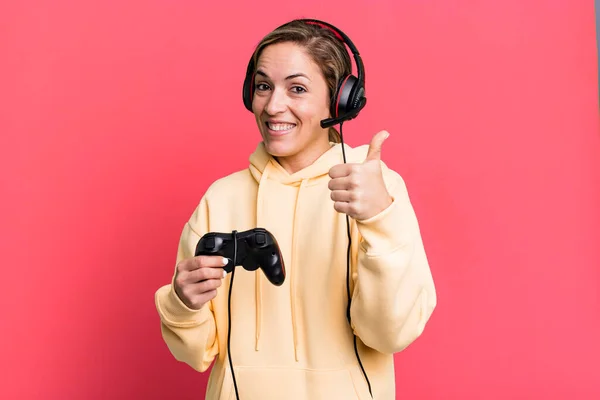 Pretty Blonde Woman Feeling Proud Smiling Positively Thumbs Gamer Headset — Stockfoto