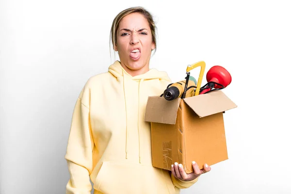 Pretty Blonde Woman Feeling Disgusted Irritated Tongue Out Tool Box — Photo