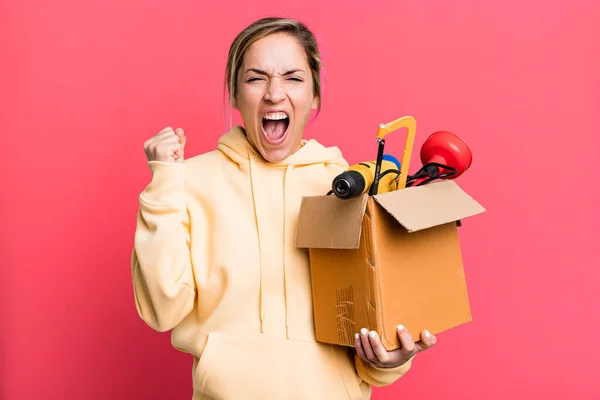 Pretty Blonde Woman Shouting Aggressively Angry Expression Tool Box Repair — Stockfoto