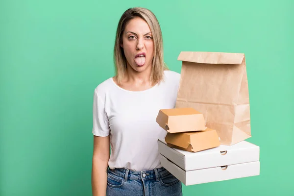 Pretty Blonde Woman Feeling Disgusted Irritated Tongue Out Paper Fast — 图库照片