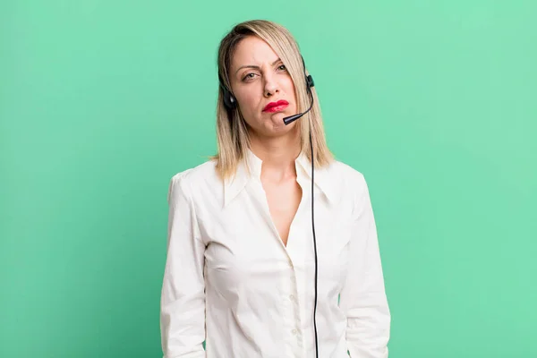 Pretty Blonde Woman Feeling Sad Whiney Unhappy Look Crying Telemarketer — Foto de Stock