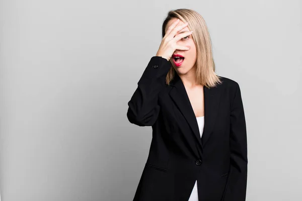 Pretty Blonde Woman Looking Shocked Scared Terrified Covering Face Hand — Stock Photo, Image