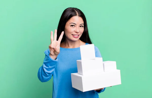 Hispanic Pretty Woman Smiling Looking Friendly Showing Number Three White — Foto Stock