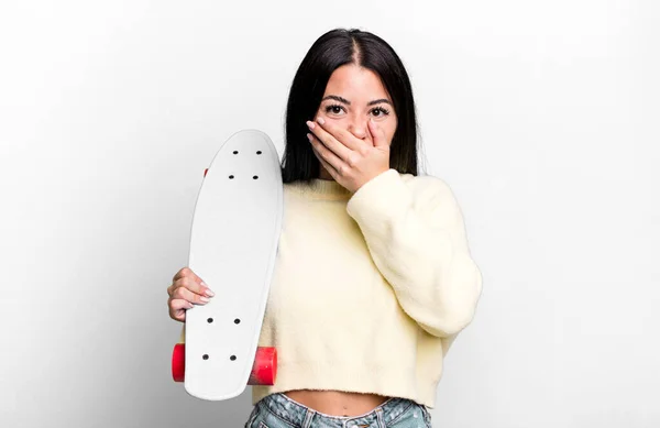 Hispanic Pretty Woman Covering Mouth Hands Shocked Skate Boarding Concept — Stockfoto
