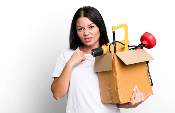 Hispanic Pretty Woman Feeling Stressed Anxious Tired Frustrated Tool Box — Fotografia de Stock