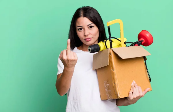Hispanic Pretty Woman Feeling Angry Annoyed Rebellious Aggressive Tool Box — Fotografia de Stock