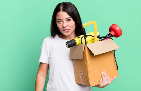 Hispanic Pretty Woman Looking Puzzled Confused Tool Box — Foto Stock