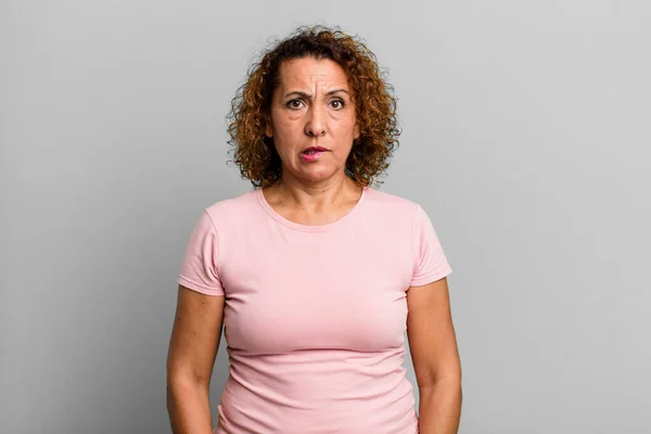 Middle Age Hispanic Woman Feeling Clueless Confused Uncertain Which Option — Stock Photo, Image