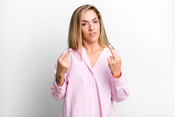Blonde Adult Woman Feeling Provocative Aggressive Obscene Flipping Middle Finger — Photo