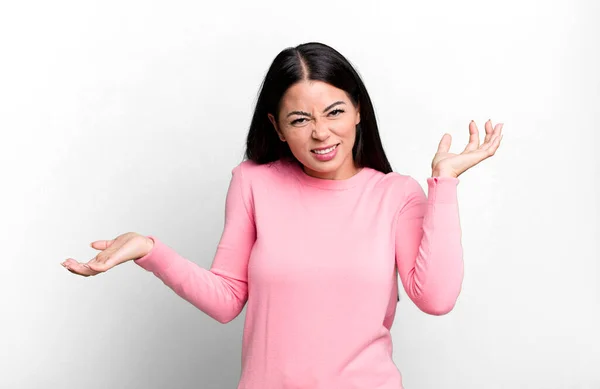 Pretty Latin Woman Shrugging Dumb Crazy Confused Puzzled Expression Feeling — Stock Photo, Image