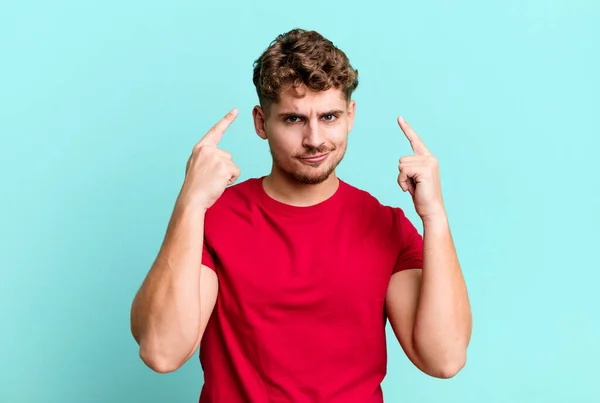 Young Adult Caucasian Man Bad Attitude Looking Proud Aggressive Pointing — Photo