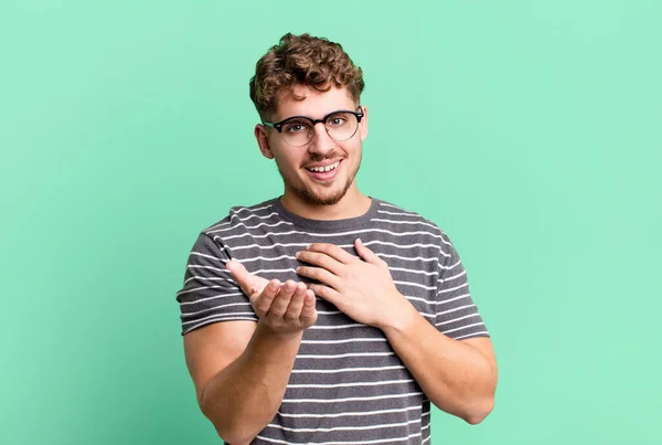 Young Adult Caucasian Man Feeling Happy Love Smiling One Hand — Stock Photo, Image