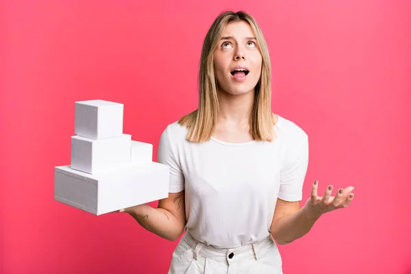 Young Pretty Woman Looking Desperate Frustrated Stressed Blank White Boxes — Stock Photo, Image