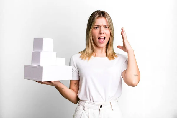 Young Pretty Woman Screaming Hands Air Blank White Boxes Concept — Stock Photo, Image