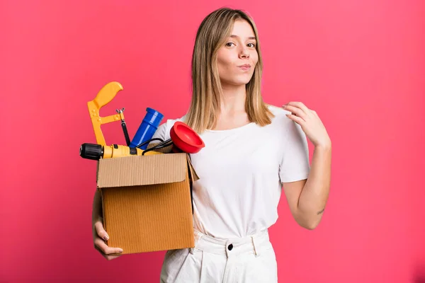 Young Pretty Woman Looking Arrogant Successful Positive Proud Toolbox Housekeeper — Stockfoto