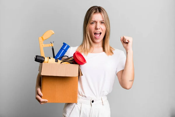 Young Pretty Woman Shouting Aggressively Angry Expression Toolbox Housekeeper Concept — Stockfoto