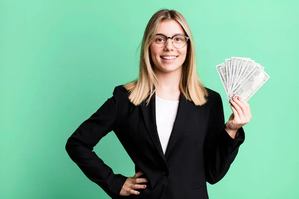 Young Pretty Woman Smiling Happily Hand Hip Confident Business Money — Stok fotoğraf