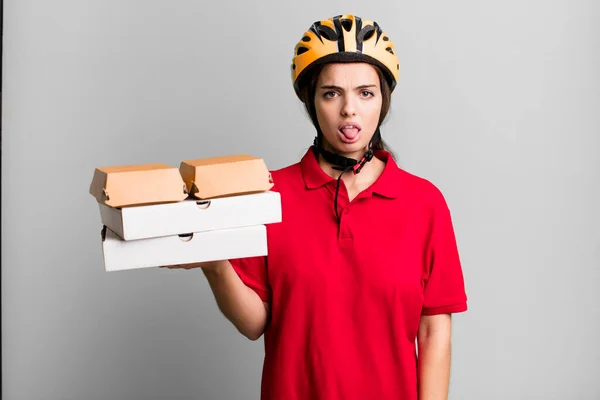 Young Pretty Woman Feeling Disgusted Irritated Tongue Out Pizza Delivery — Φωτογραφία Αρχείου