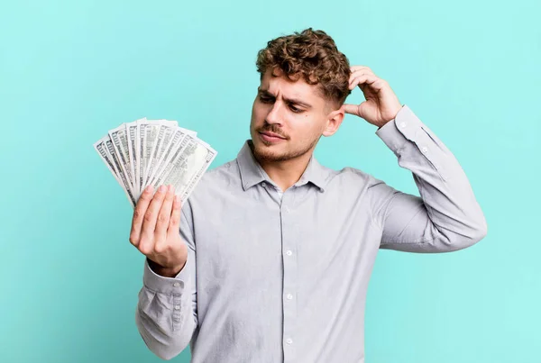 Young Adult Caucasian Man Feeling Puzzled Confused Scratching Head Dollar — Foto Stock
