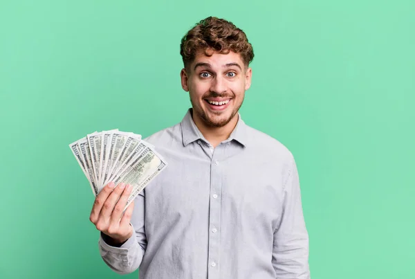Young Adult Caucasian Man Looking Happy Pleasantly Surprised Dollar Bank — Foto Stock
