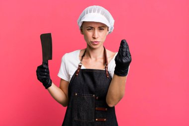 making capice or money gesture, telling you to pay. butcher concept