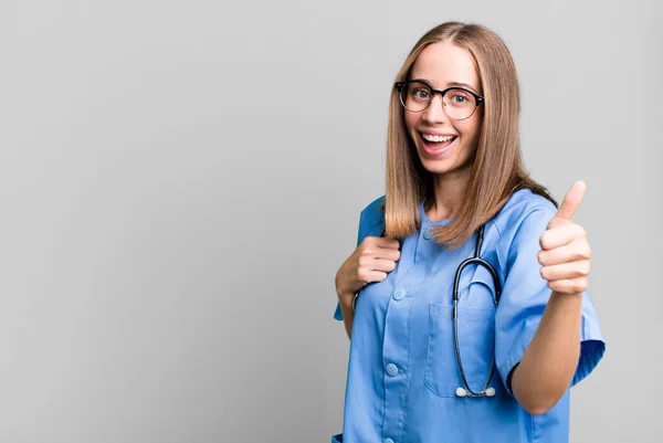Feeling Proud Smiling Positively Thumbs Nurse Concept — Stock Photo, Image