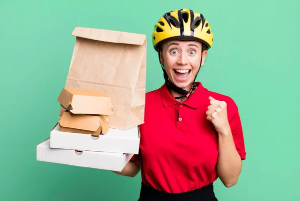 Feeling Shocked Laughing Celebrating Success Fast Food Delivery Take Away — Φωτογραφία Αρχείου