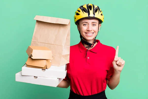 Smiling Looking Friendly Showing Number One Fast Food Delivery Take — Zdjęcie stockowe