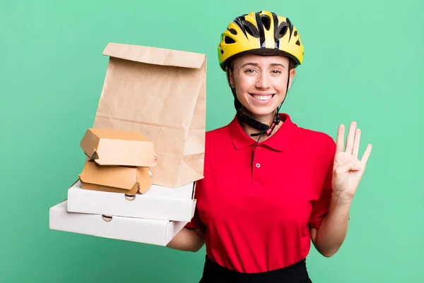 Smiling Looking Friendly Showing Number Four Fast Food Delivery Take — Stok fotoğraf