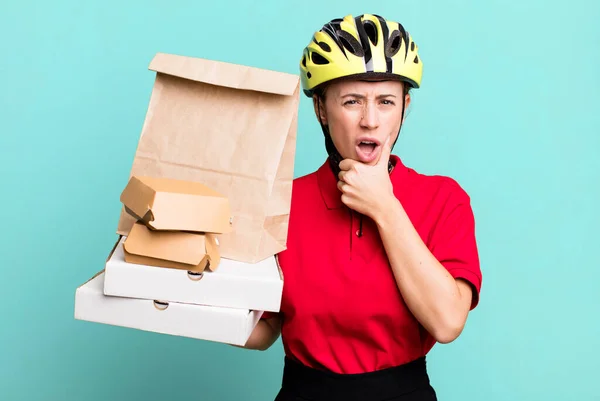 Mouth Eyes Wide Open Hand Chin Fast Food Delivery Take — 图库照片