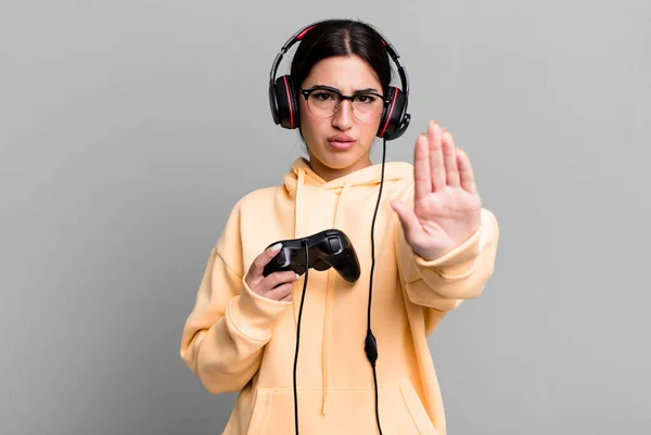 Looking Serious Showing Open Palm Making Stop Gesture Gamer Concept — Foto Stock