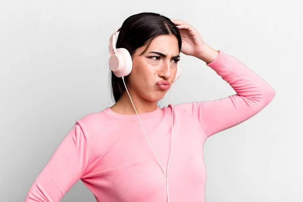 Smiling Happily Daydreaming Doubting Listening Music Headphones — Foto Stock