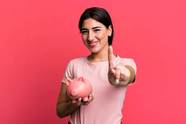 Smiling Proudly Confidently Making Number One Piggy Bank — Stock fotografie