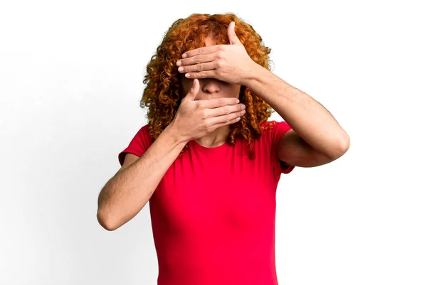 Redhair Pretty Woman Covering Face Both Hands Saying Camera Refusing — Stock Photo, Image