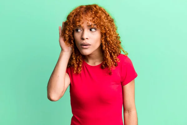 Redhair Pretty Woman Looking Serious Curious Listening Trying Hear Secret — Stock Photo, Image
