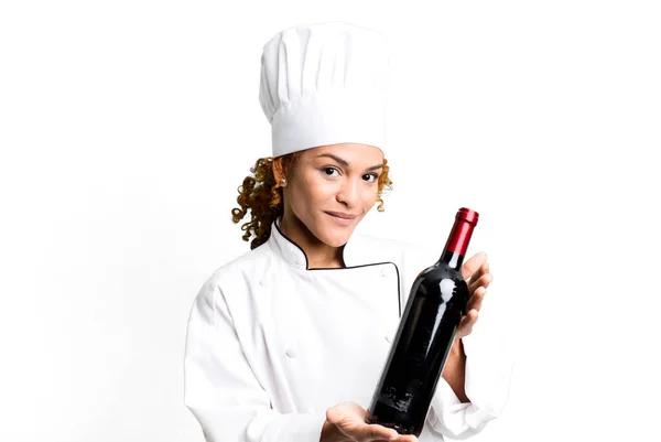 Red Hair Pretty Chef Woman Holding Wine Bottle — Stock Photo, Image