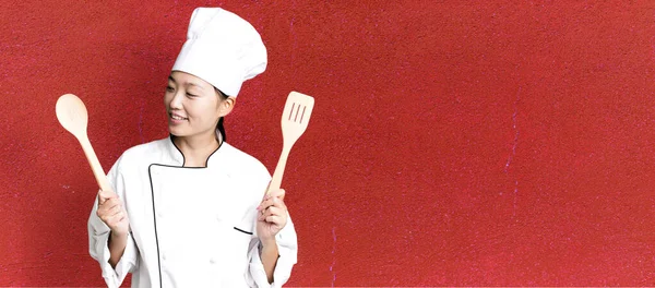 Young Adult Pretty Asian Woman Restaurant Chef Wooden Tool — Stock Photo, Image